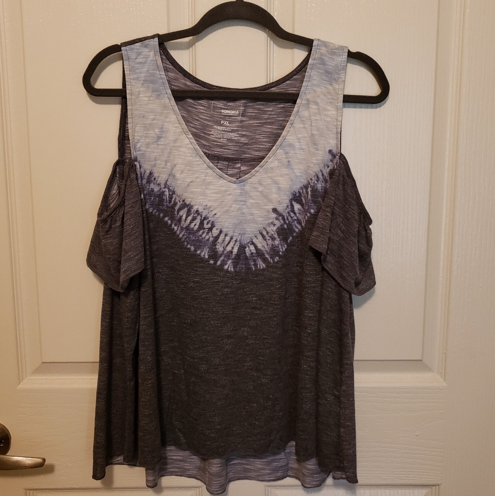 Sonoma Women's Gray Blue White Tie Dye Cold Shoulder Top PXL Petite Extra Large